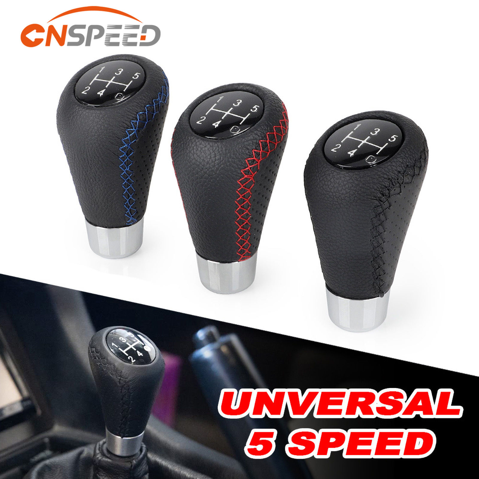 Universal 5 Speed Gear Shift Knob Manual Leather Red Stitch M8 M10 M11 M12 Car G