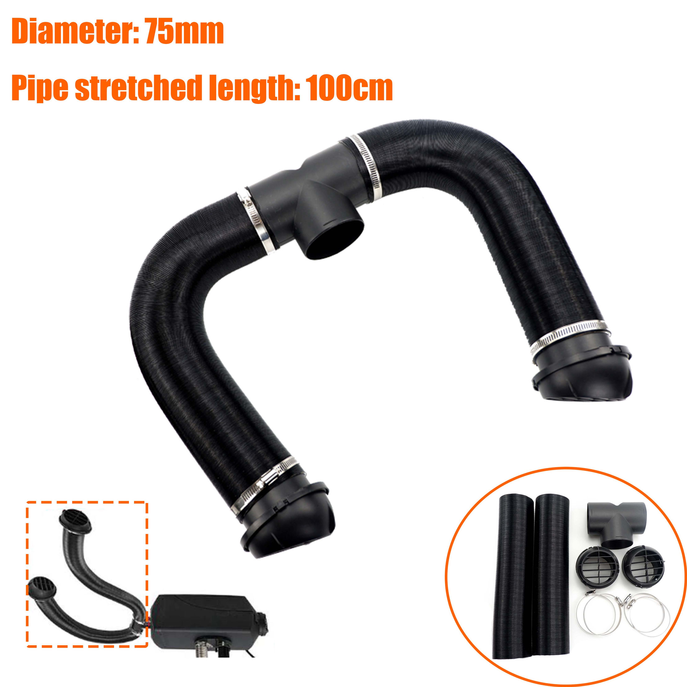 75mm Diesel Heater T 3 Outlets Connector & 2x Air Outlet & 2x Duct Pipe Warm Bla