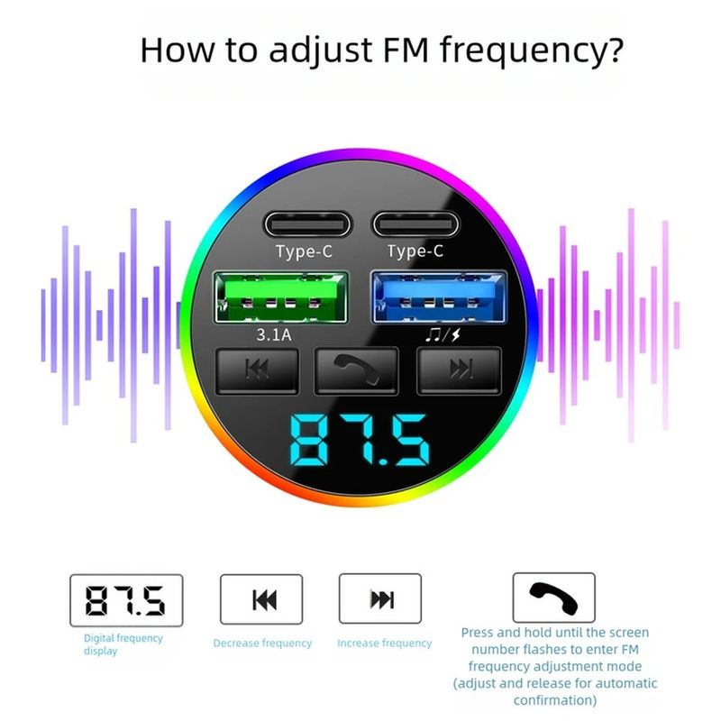 Thumbnail: KEBIDUMEI 66W Fast Charge Bluetooth 5.0 FM Transmitter 4 Ports (Dual USB+Type-C)