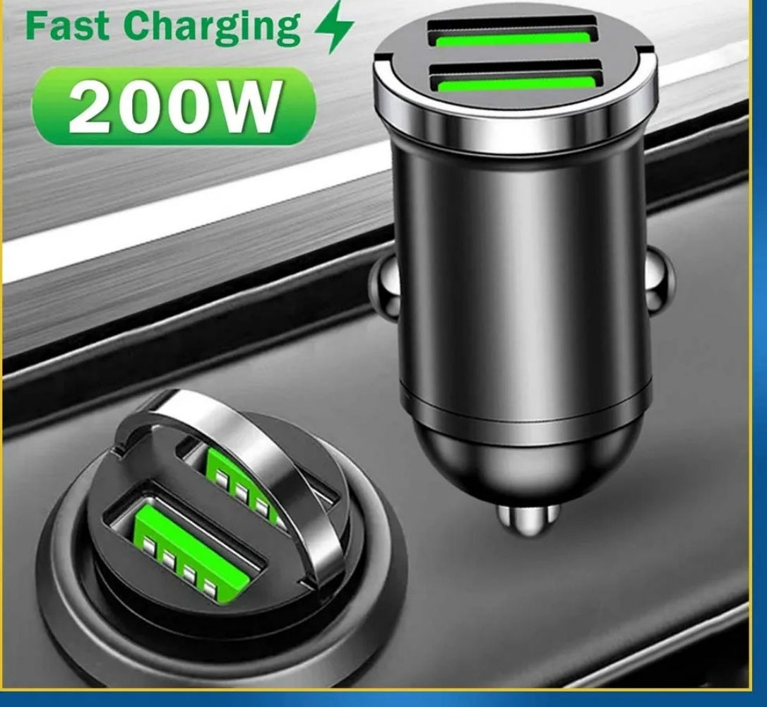 200W Dual Ports Mini USB Car Charger Super Fast Charging Cigarette Socket Lighte