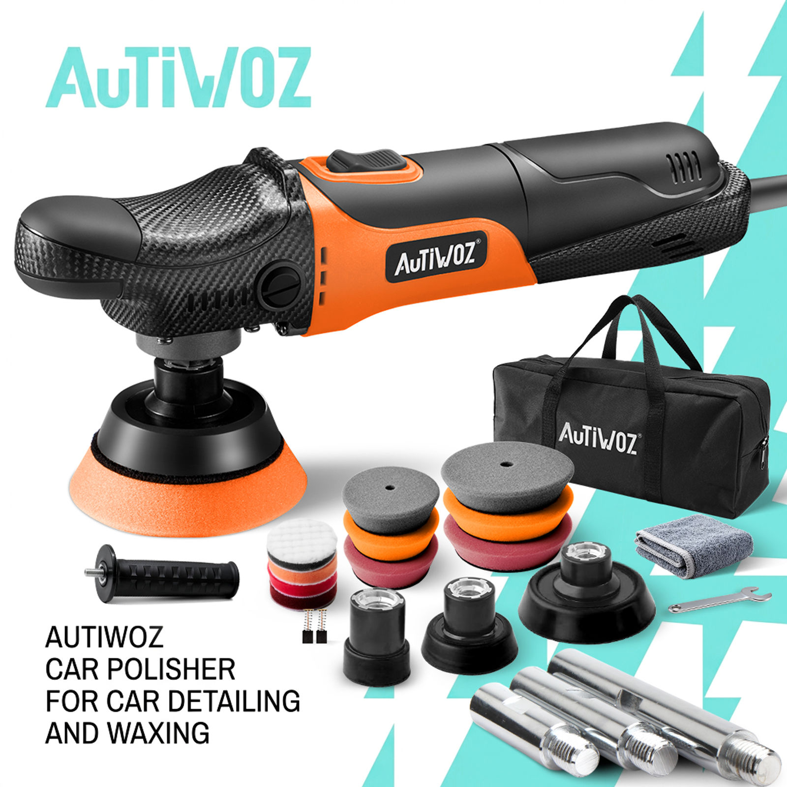AUTIWOZ W03 Carbon Fiber Style Rotary Car Polisher 1/2/3" Mini Detailing Kit 600
