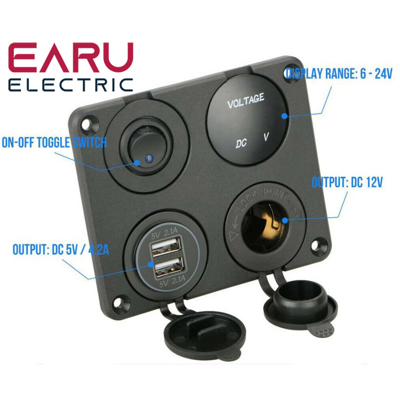 Thumbnail: 12V USB Panel Socket 4 in 1 Dual USB Charger with Rocker Switch Car Cigarette Li