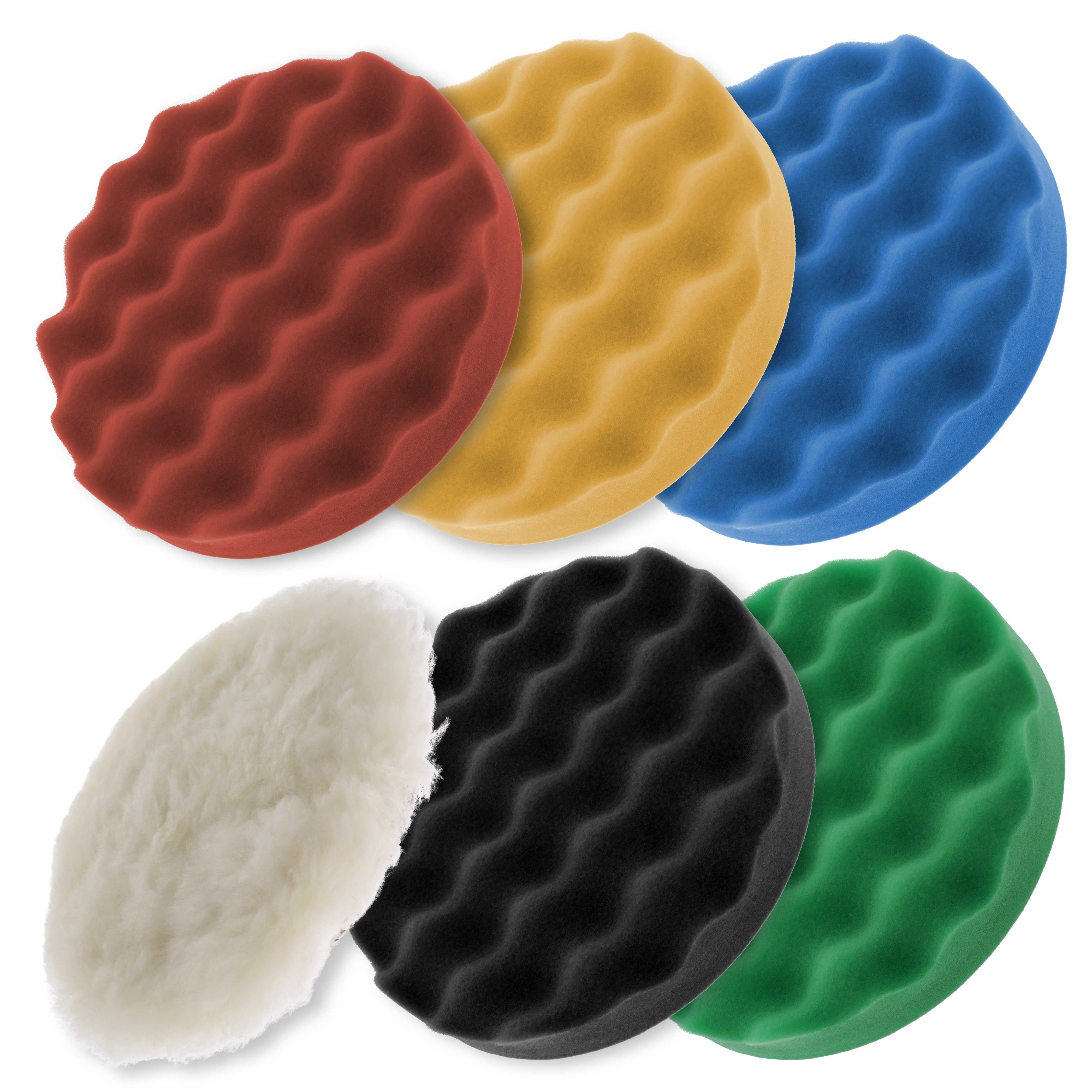 Buffing & Polishing Pad Kit with 6 - 6.5" Grip Pads; 5 Waffle Foam & 1 Wool..