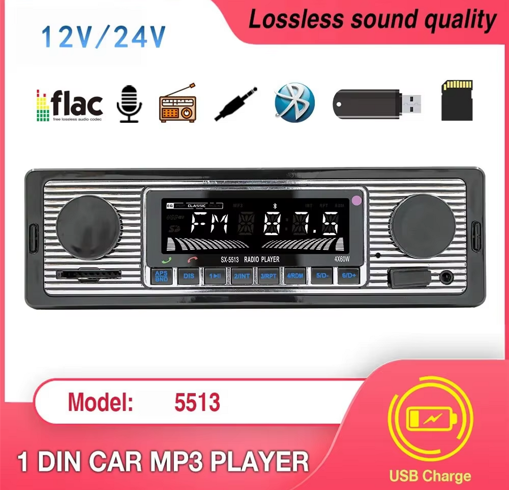 Bluetooth Car Radio Vintage Dual Knob MP3 Player FM Tuner Stereo USB AUX Classic