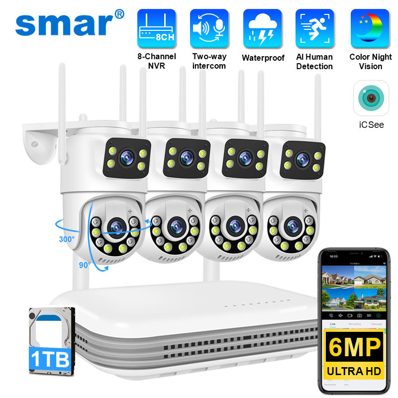 Smar WiFi Security Camera System 6MP Dual Lens Wireless IP Camera Kit With Two-W