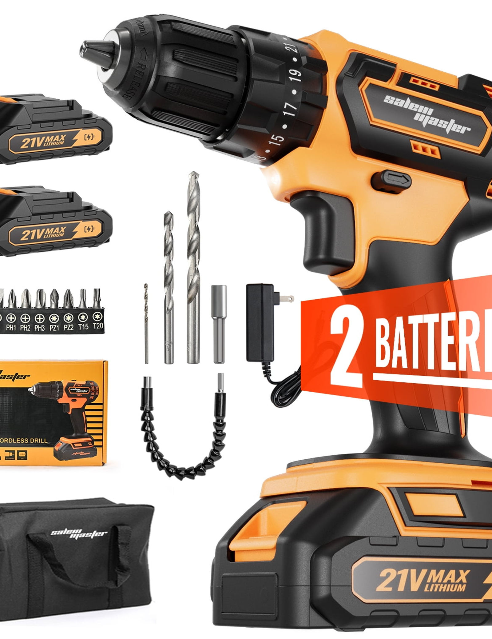 SALEM MASTER 21V 3/8'' Cordless Power Drill for Wall/Brick/Wood/Metal 2 Bat..