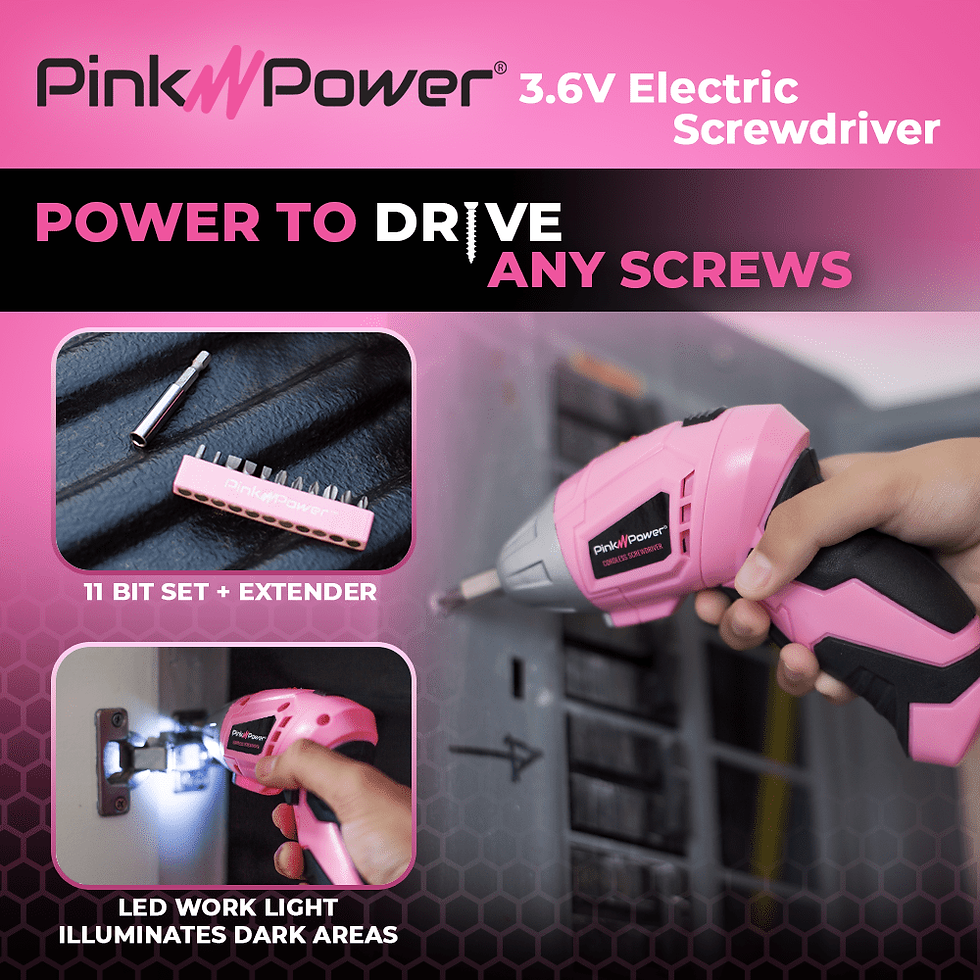 Thumbnail: Pink Power 3.6V Cordless Electric Screwdriver - Pink Tool Set Small Screw G..