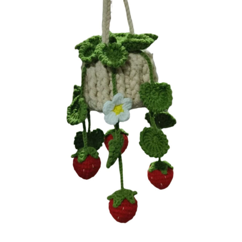 Thumbnail: Handwoven Strawberry Flower Car Mirror Pendant - Boho Botanical Decor,Cute Hangi