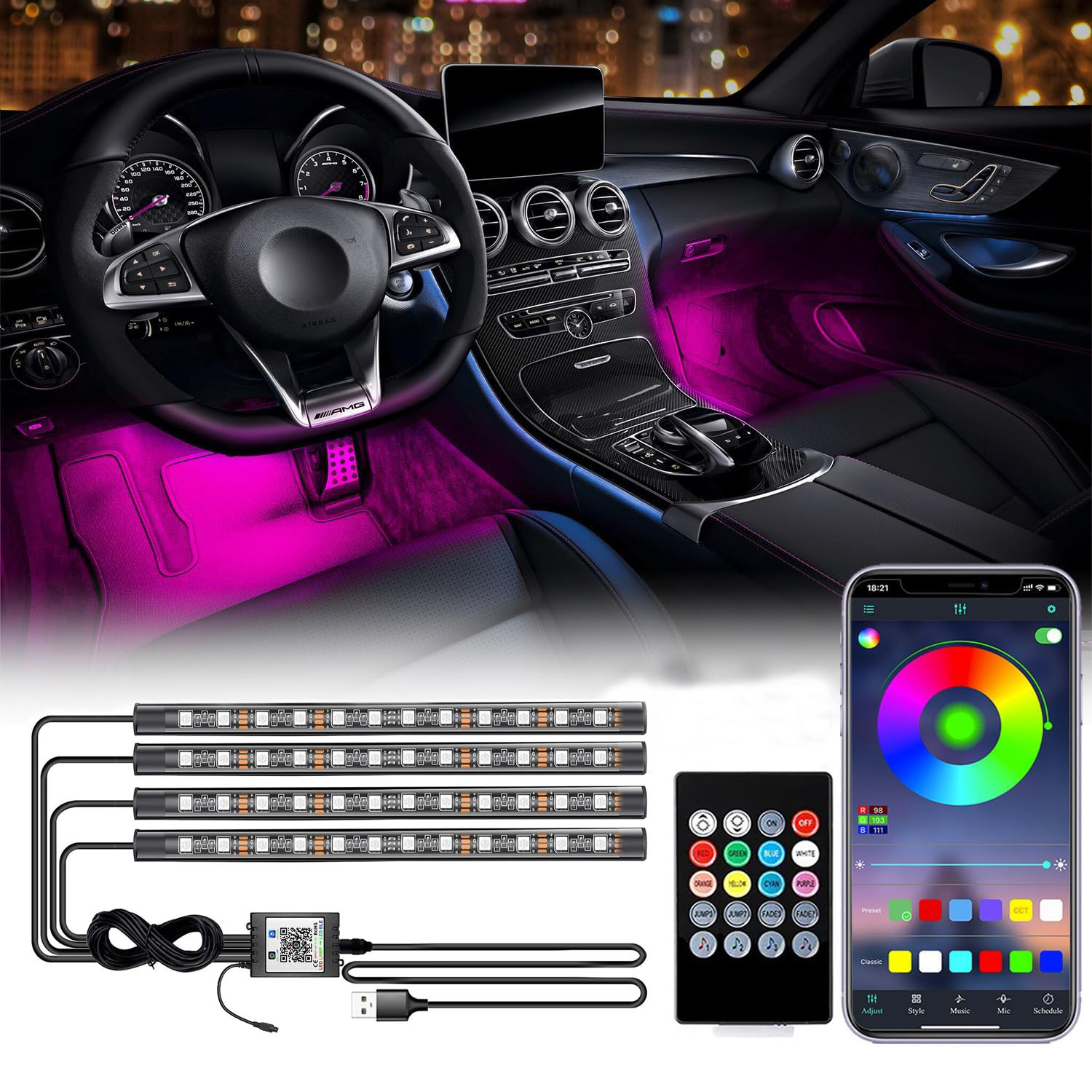 Led Interior Car Lights, Controller Led Lights for Cars, Multicolor Music Underg