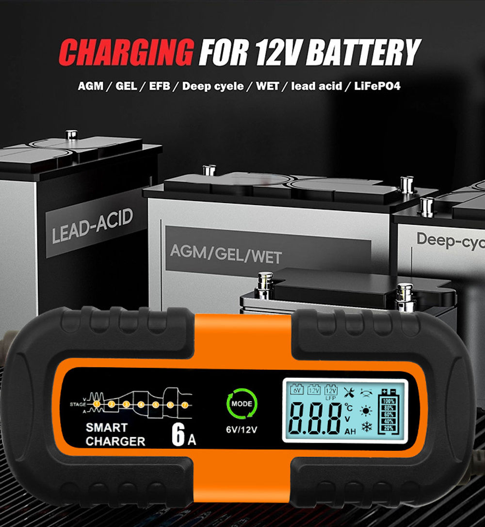 6v12v Car Battery Motorcycle Pulse Repair LCD Display Smart Fast Charge AGM STD