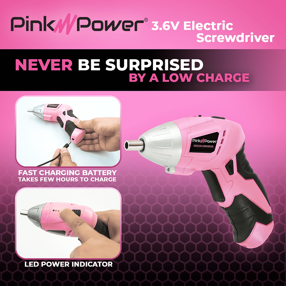 Thumbnail: Pink Power 3.6V Cordless Electric Screwdriver - Pink Tool Set Small Screw G..