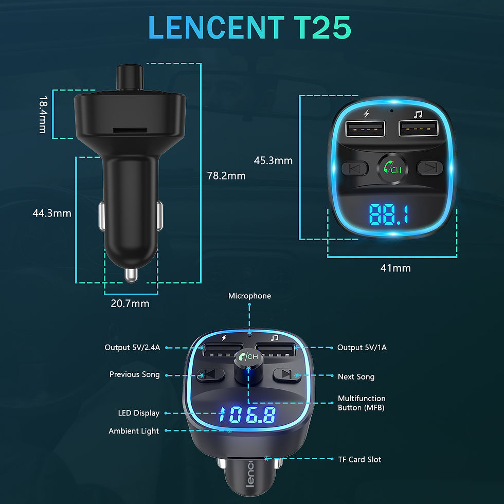 Thumbnail: LENCENT Bluetooth FM Transmitter Wireless Radio Adapter Car Kit with Dual USB Ch
