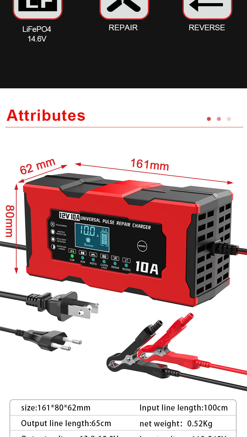 Thumbnail: 12V 10A Car Battery Charger Smart Electric Motorcycles Charger For Lifepo4 Lead