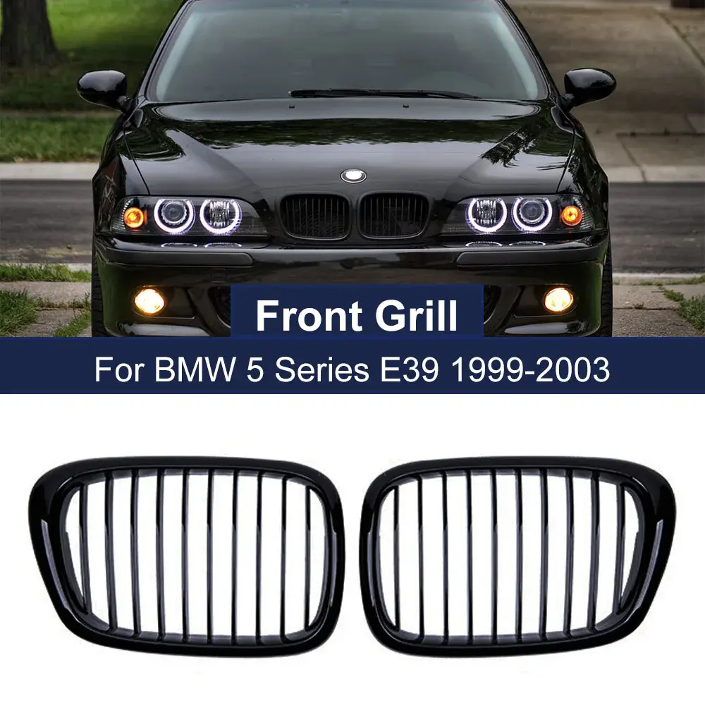 2PCS Front Bumper Kidney Grille Glossy Black Single Line One Slat for BMW 5 Seri