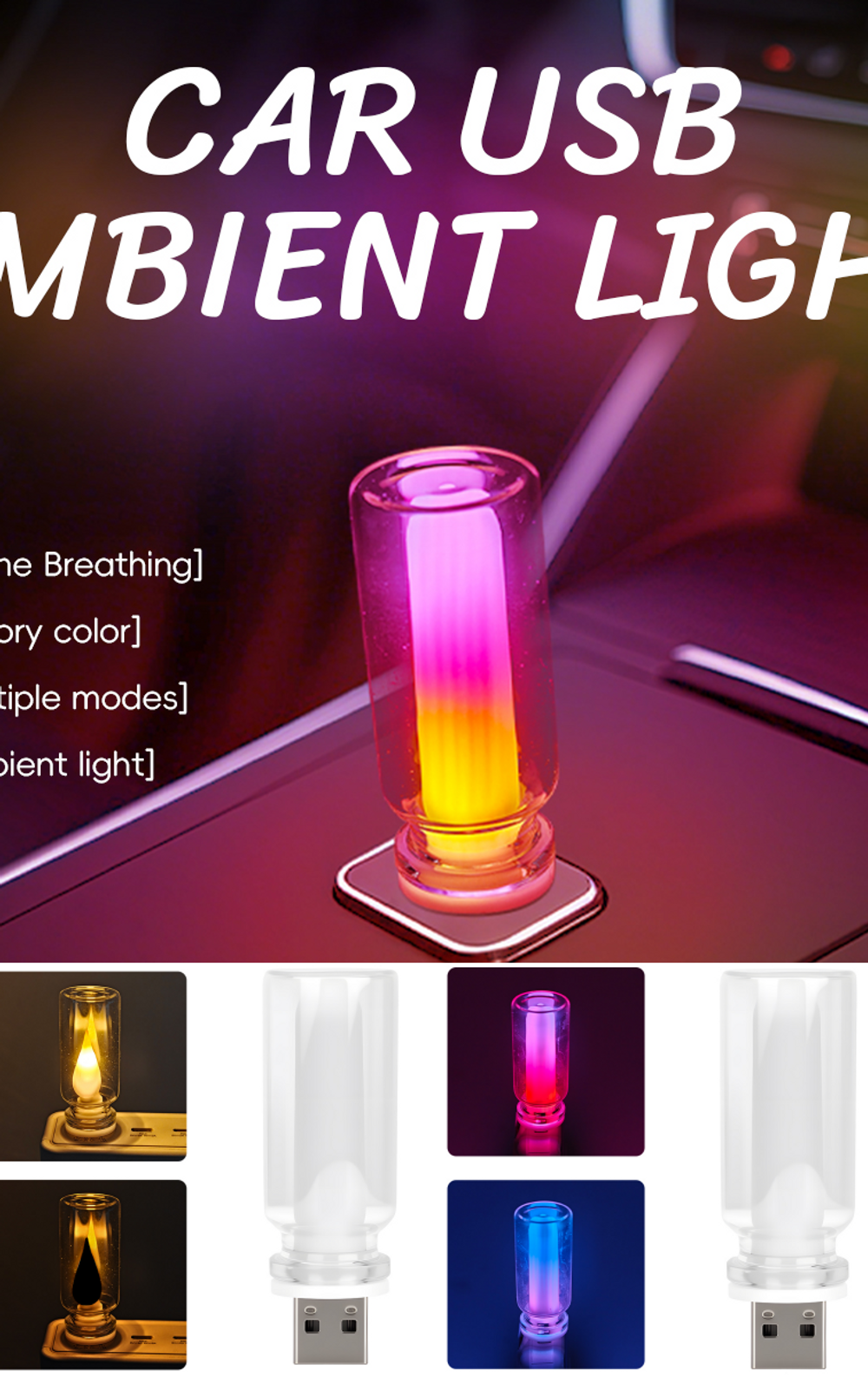 1x Car USB LED Rainbow Color 5V Retro LED Bulbs RGB Night Light Yellow Candle st