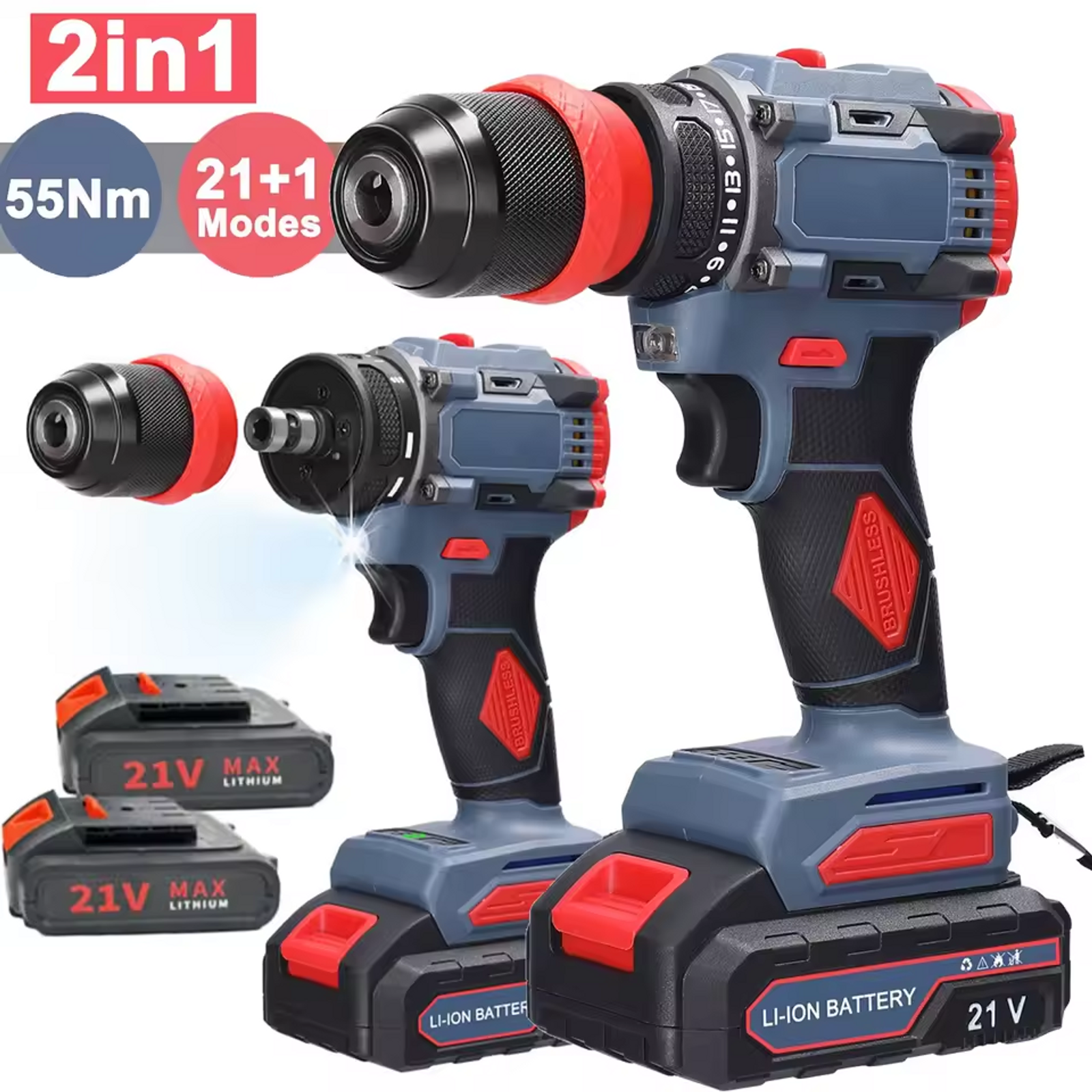 21V Brushless 2in1 Cordless Driver Drill Electric Screwdriver Battery Screwdrive