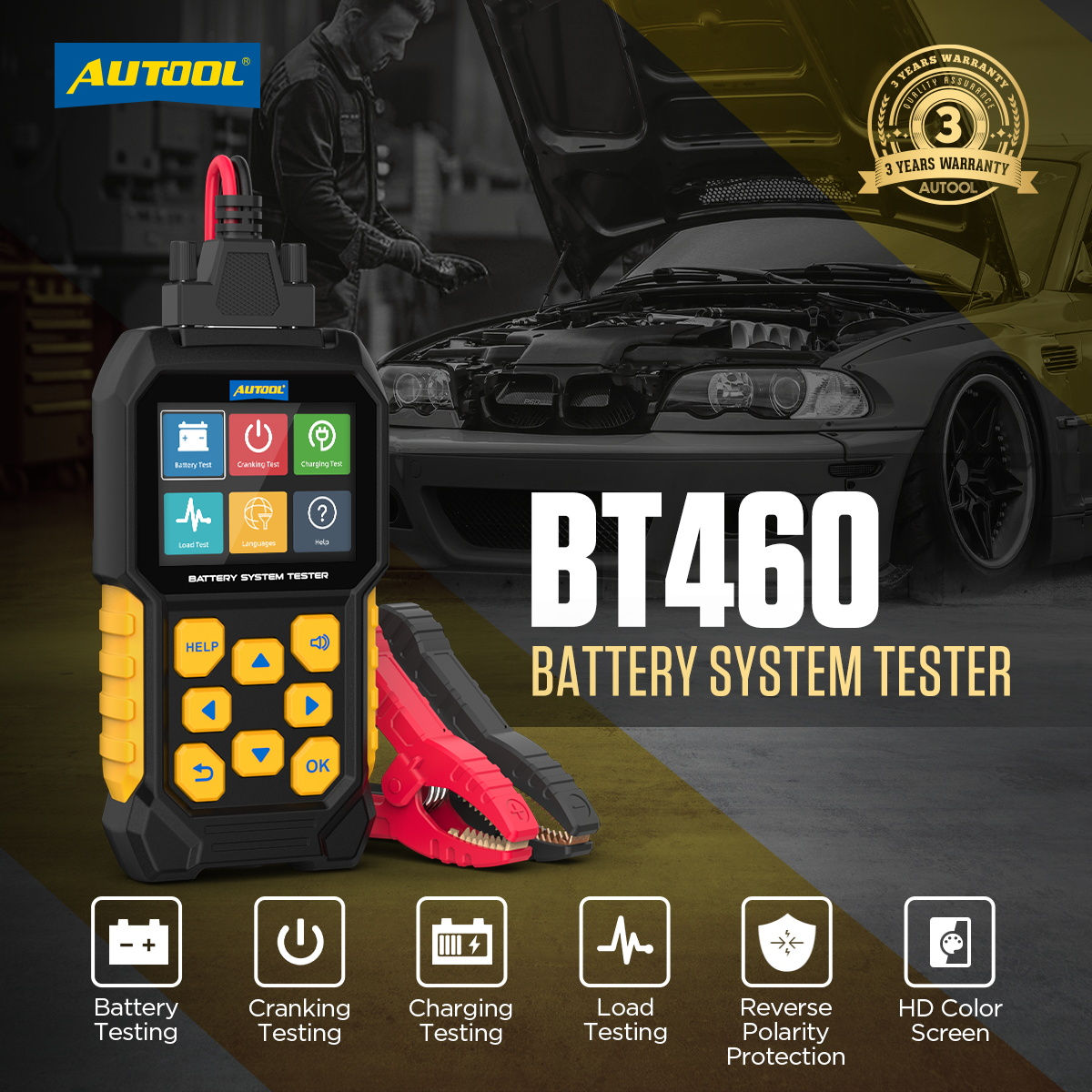 AUTOOL BT460 Car Battery Tester 2.8-Inch Electric Vehicle Battery Tester 12v24v