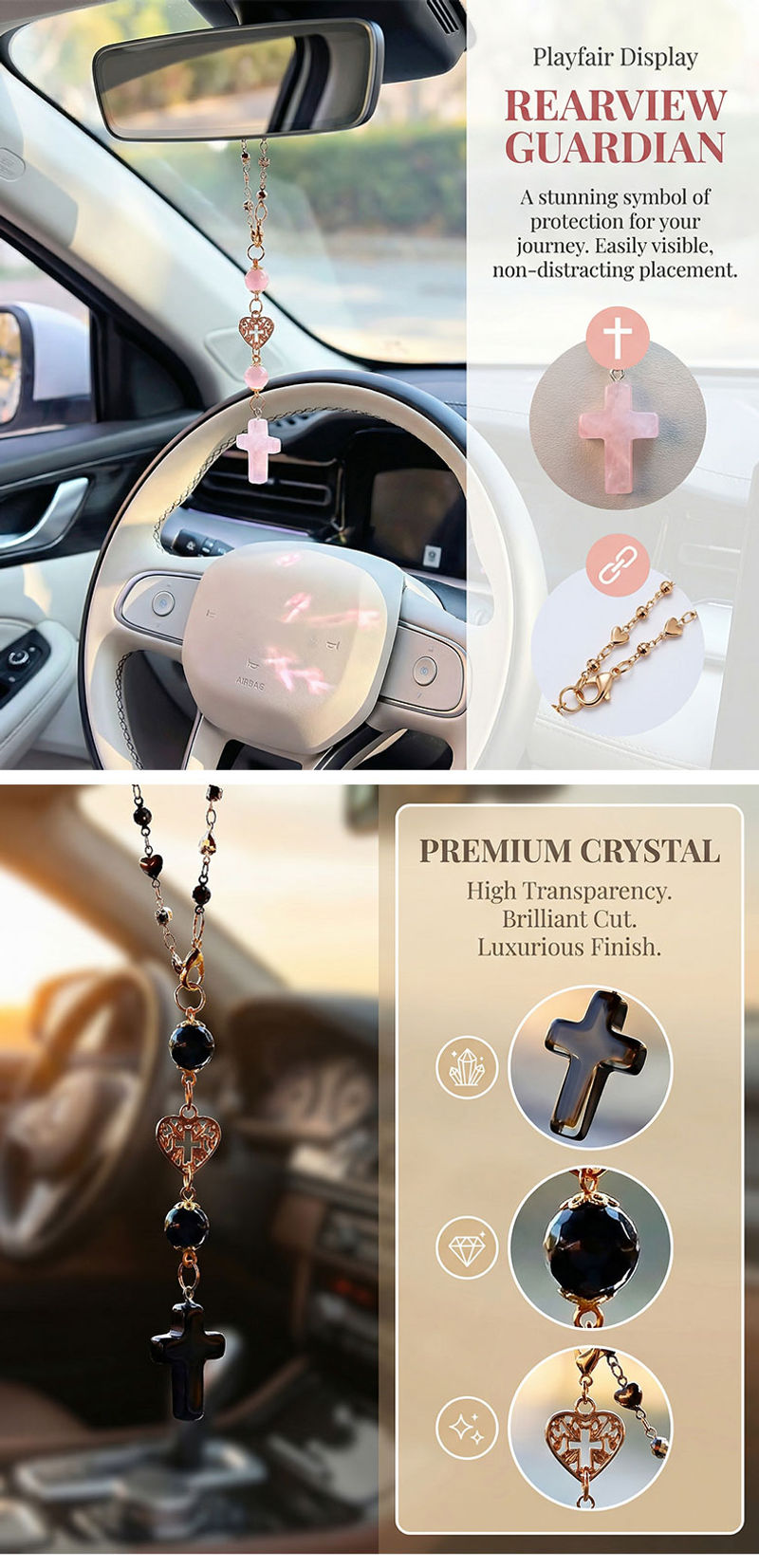 Thumbnail: Elegant Natural Rose Quartz Cross Car Accessories Heart & Crystal Beaded Rearvie