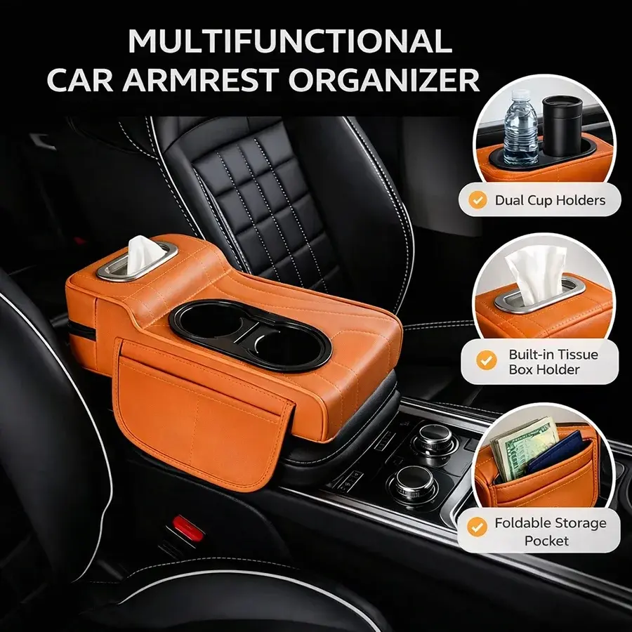 Car Center Console Storage Box Armrest Box Cushion Pad with Dual Cup Holder Tiss