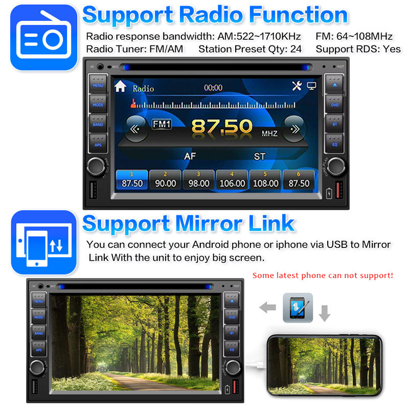 Thumbnail: Double Din Car Stereo Radio 6.2 inch With HD Touchscreen, Bluetooth, Mirror Link