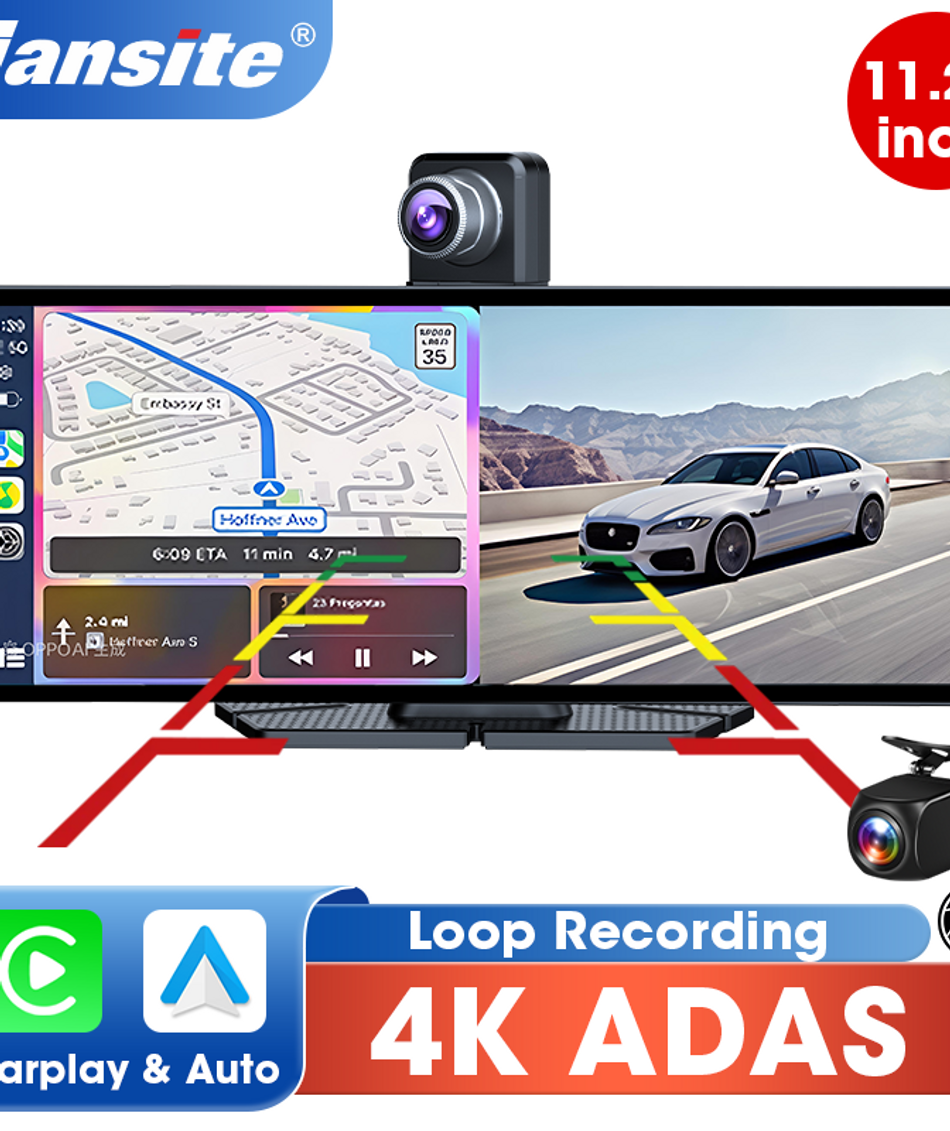 Jansite 11.26 inch ADAS Car DVR Dash Cam Camera Wireless Carplay Android Auto Po