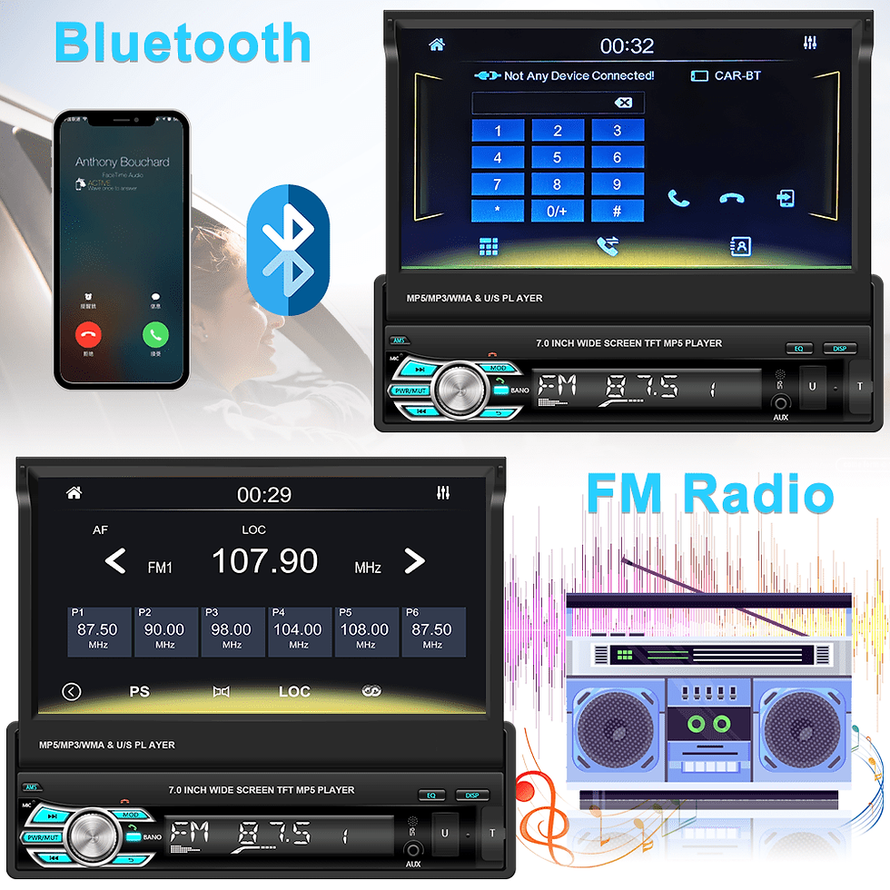 Thumbnail: Podofo Universal Single 1 DIN 7" HD Touchscreen Retractable Car Stereo Radi..