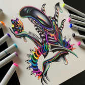 Brizbazaar art. Psychedelic Xenomorph Art. Psychedelic Xenomorph tattoo. 80s art. 80s movie. 80s horror. psychedelic horror art. psychedelic alien art. psychedelic alien tattoo. xenomorph t-shirt. xenomorph keychain. xenomorph pin. xenomorph sticker. horror t-shirt. horror tee. gifts for horror lovers. gifts for him. gifts for her.