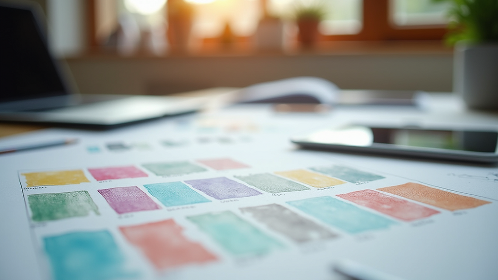 Close-up view of a designer’s desk with sketches and color palettes for website branding