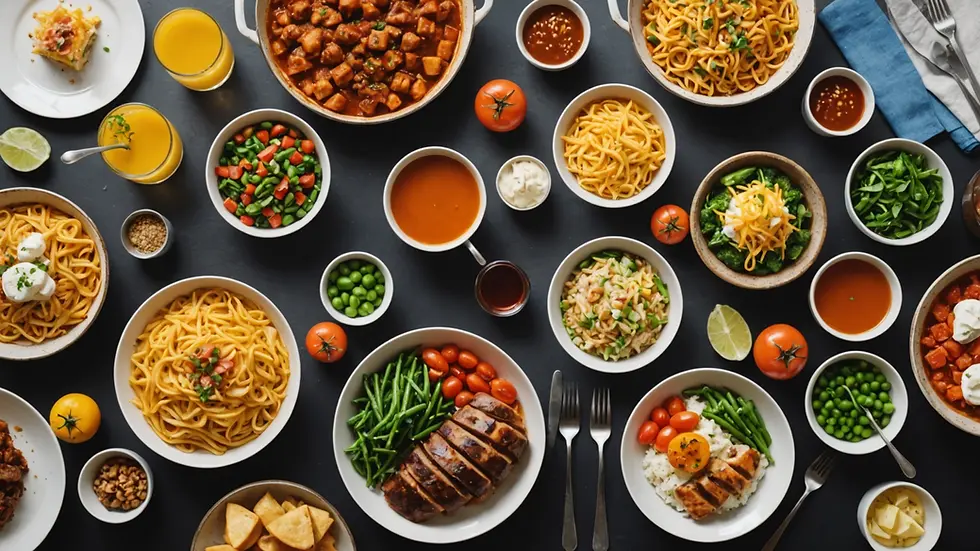 High angle view of a vibrant meal spread on a table