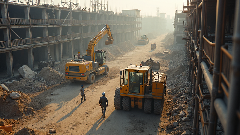 High angle view of a construction site with workers and machinery