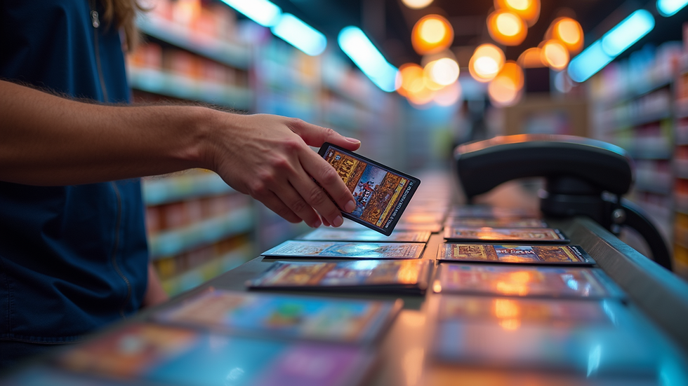 Eye-level view of a customer scanning a loyalty card at a checkout counter