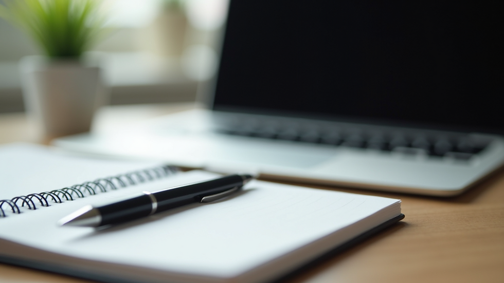Close-up view of a notebook with a pen and a laptop