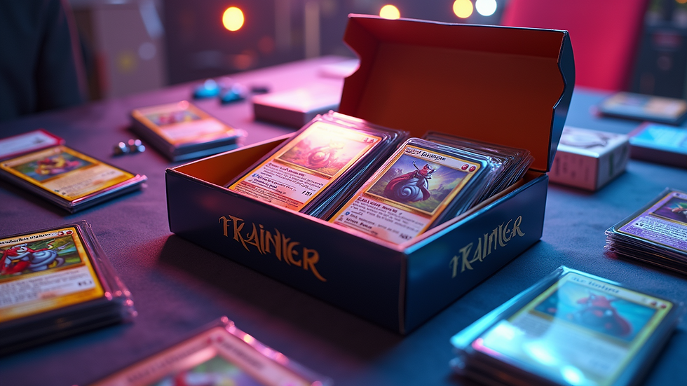 Eye-level view of an elite trainer box opened with cards and accessories displayed