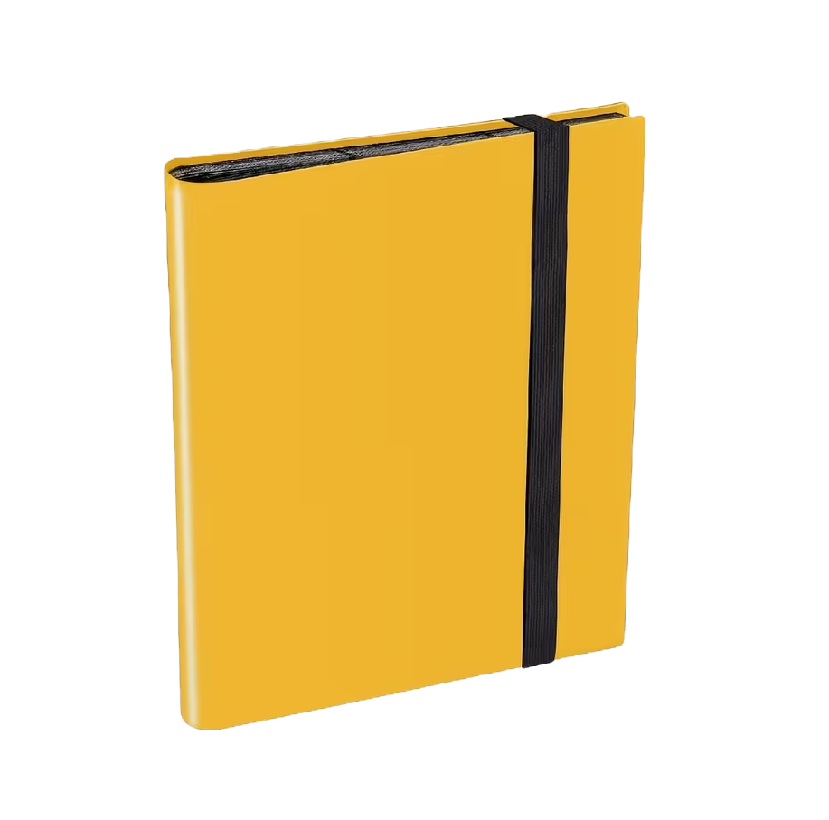 Yellow 9-pocket trading card binder open showing 360 card capacity with side-loading sleeves and elastic strap closure
