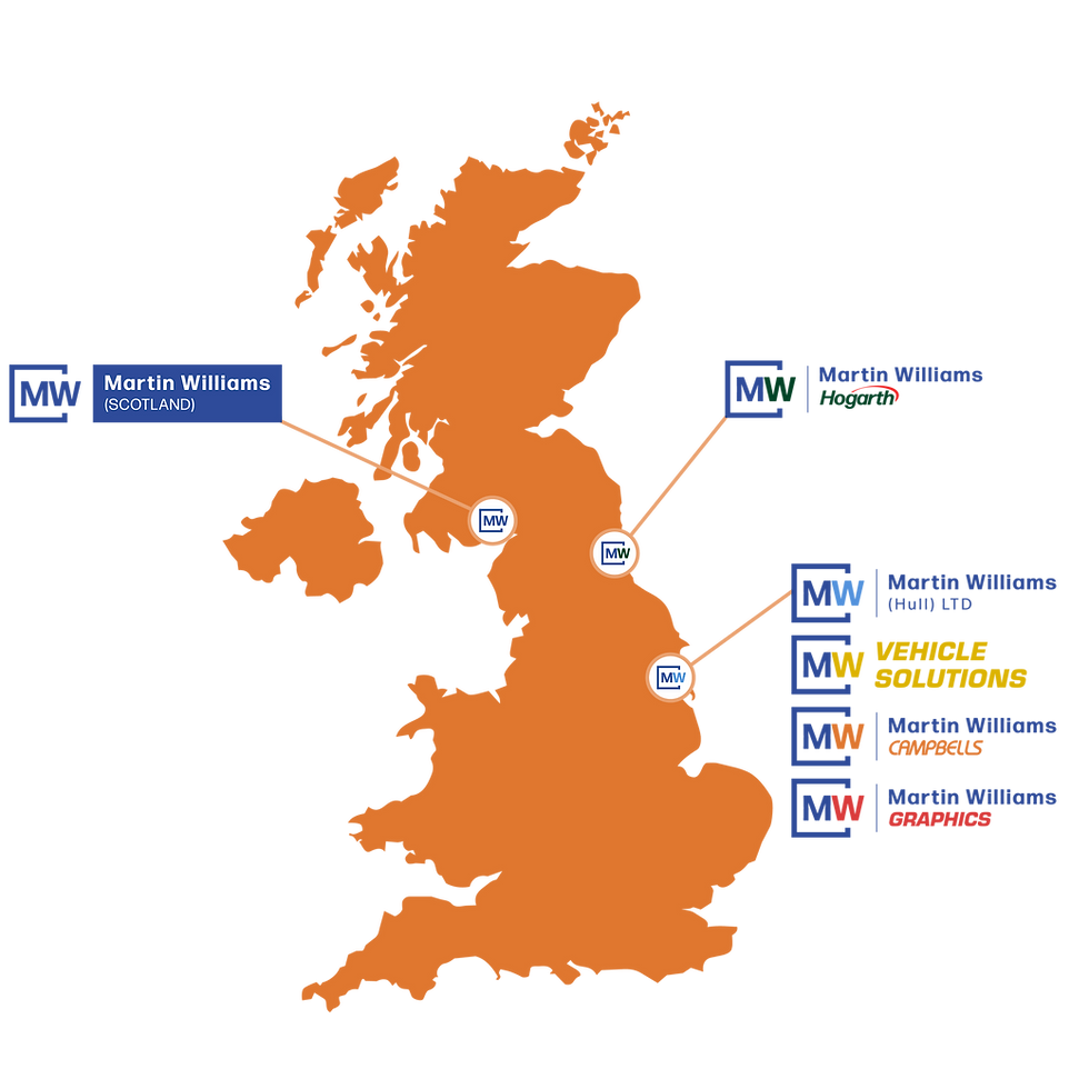 A map of the UK in orange denoting the locations of the Martin Williams family of businesses
