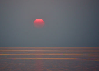 Summer sunset in Ohio on Lake Erie. The sun is tinted as a result of  smoke emanating from wild fires on the west coast.