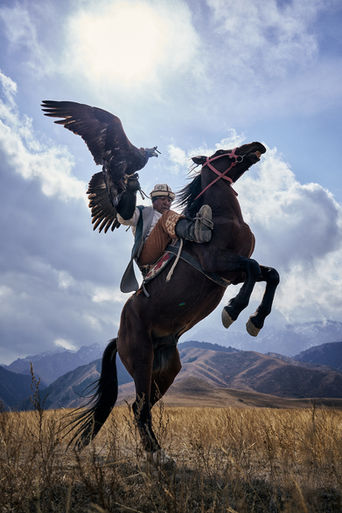 A powerful depiction of a Kyrgyz Bürkütchü (eagle hunter) in the Tian Shan mountains. The hunter controls his rearing horse while his Golden Eagle spreads its wings.