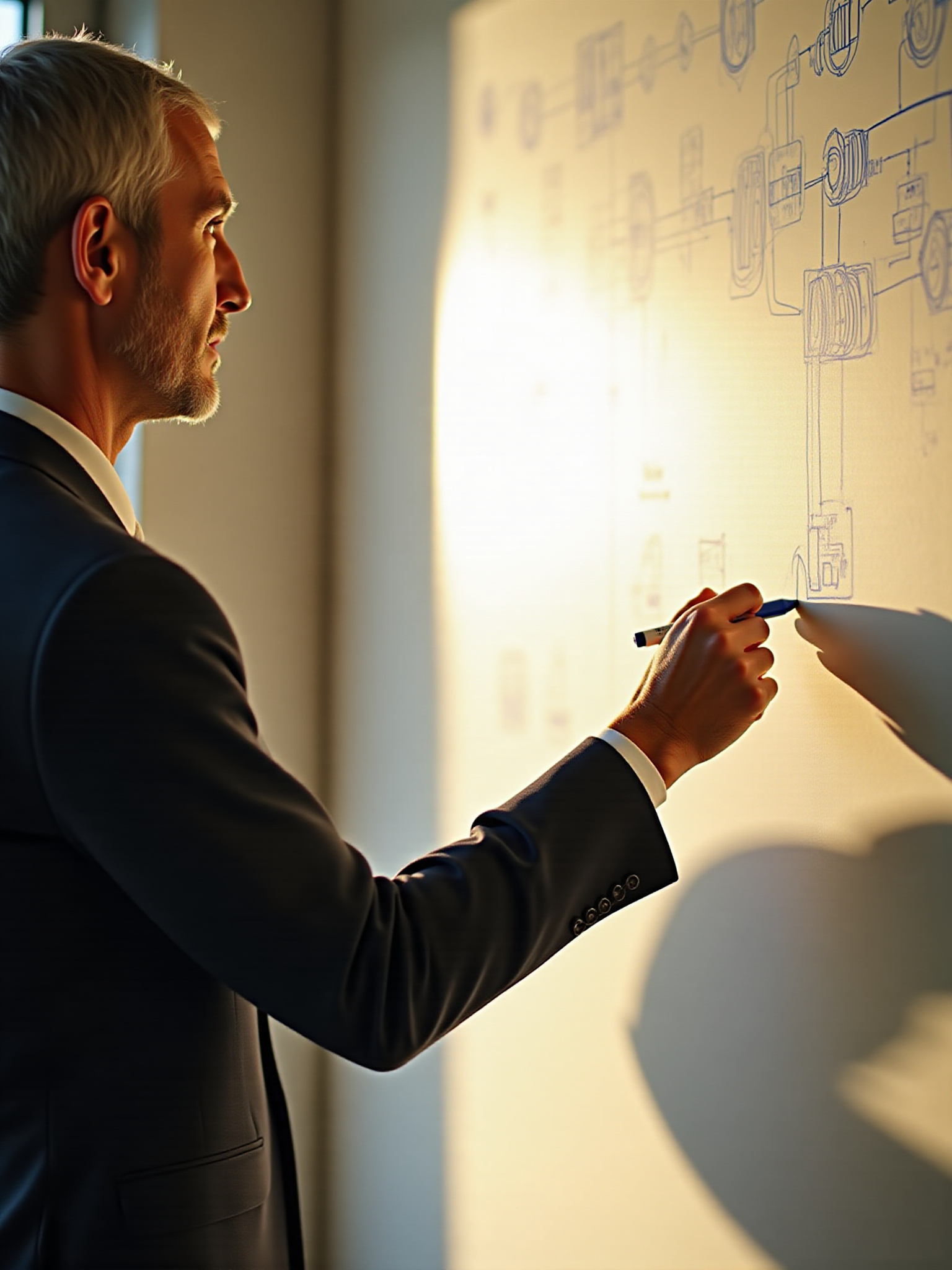 A data science professional is drawing on a plan on a whiteboard that is being illuminated by bright sunlight shining into the room.