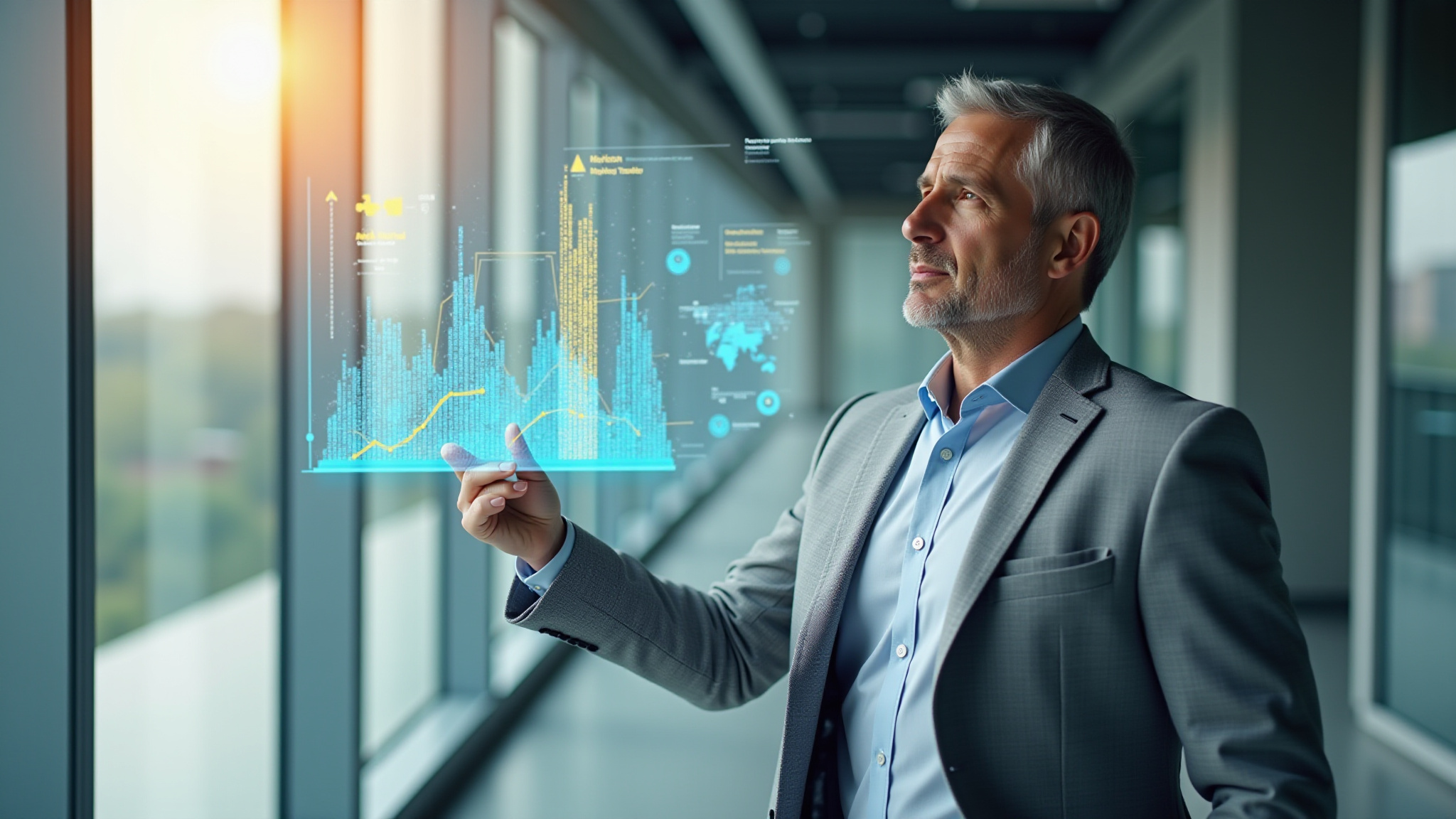 A data science professional is standing in front of a transparent screen displaying a multitude of information in varying graphical formats.  