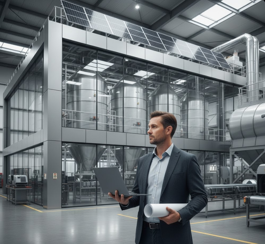 Modern gıda üretim tesisinde laptop ve plan taşıyan bir girişimci; arka planda paslanmaz çelik endüstriyel ekipmanlar ve güneş panelleri bulunan yüksek teknoloji üretim hattı.