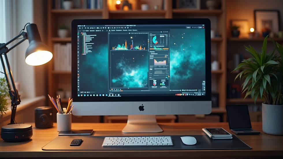 Eye-level view of a modern desk with a computer and digital tools for artists
