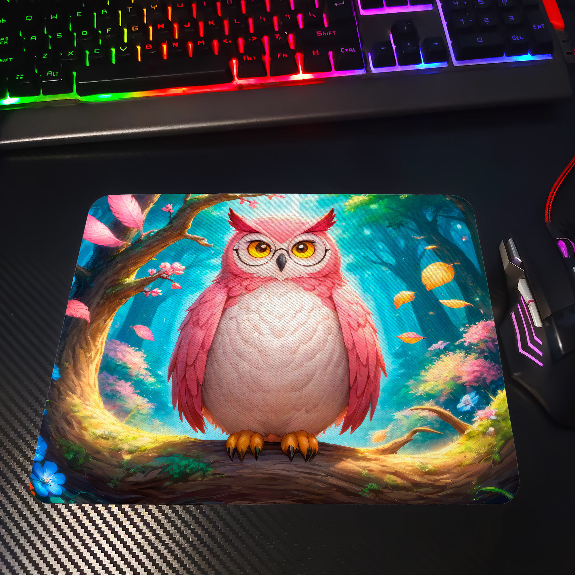 Mousepad com coruja rosa em floresta encantada