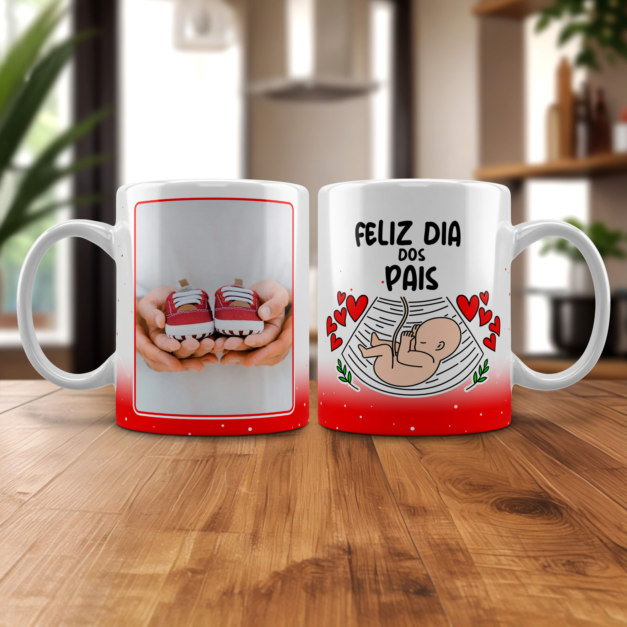 Caneca personalizada: Feliz Dia dos Pais, com bebês e sapatinhos.