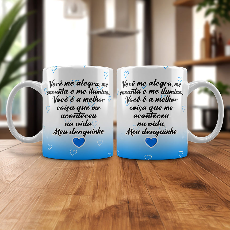 Miniatura: Duas canecas com mensagem "Você me alegra em momentos tristes e a melhor razão é que me alegra na vida. Meu pequenino."  Arte de caneca de flor