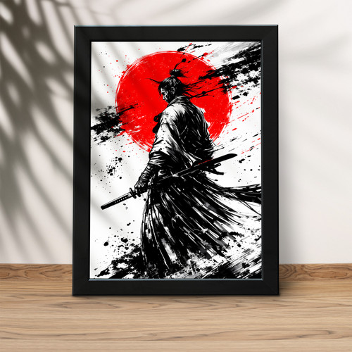Arte De Quadro Samurai Tradicional Japonês Sol Vermelho - Versão 1