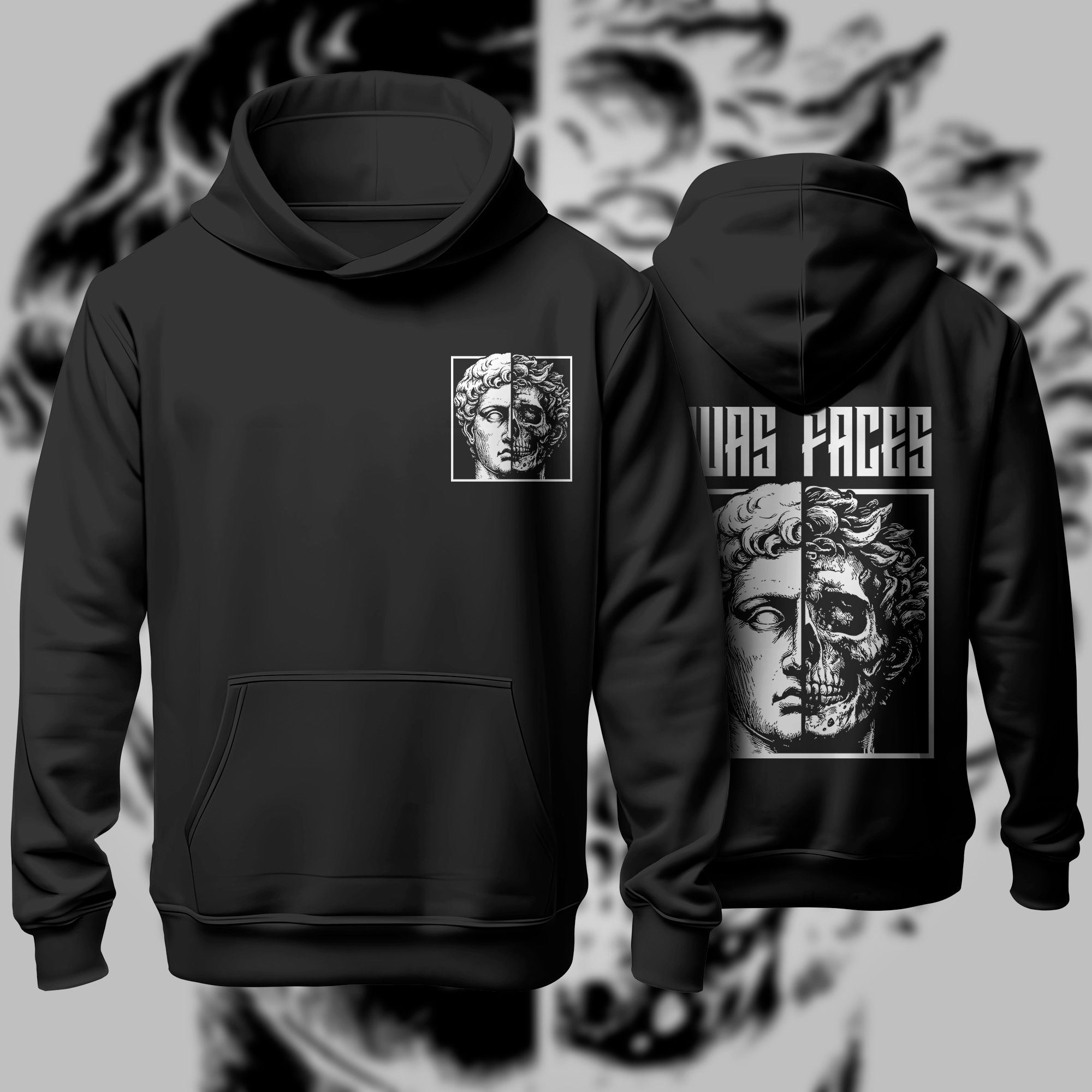 Imagem digital de duas faces: arte em preto e branco mostrando a fusão de um rosto masculino sereno com um crânio demoníaco,