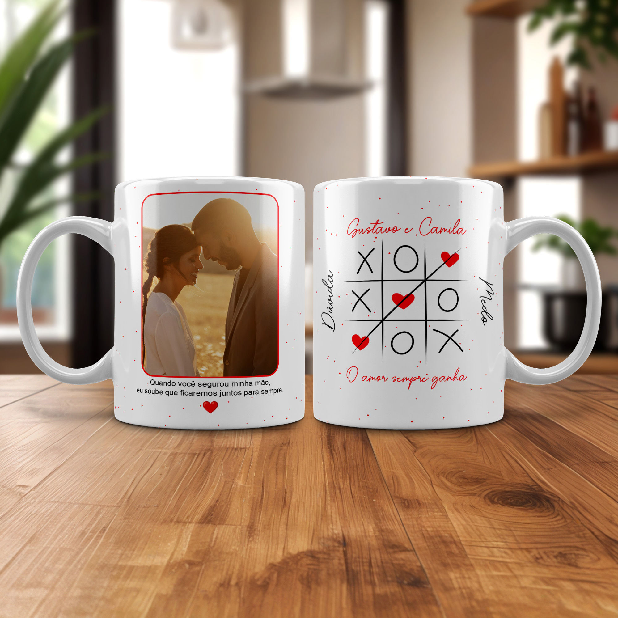 Caneca personalizada com foto de casal e jogo da velha