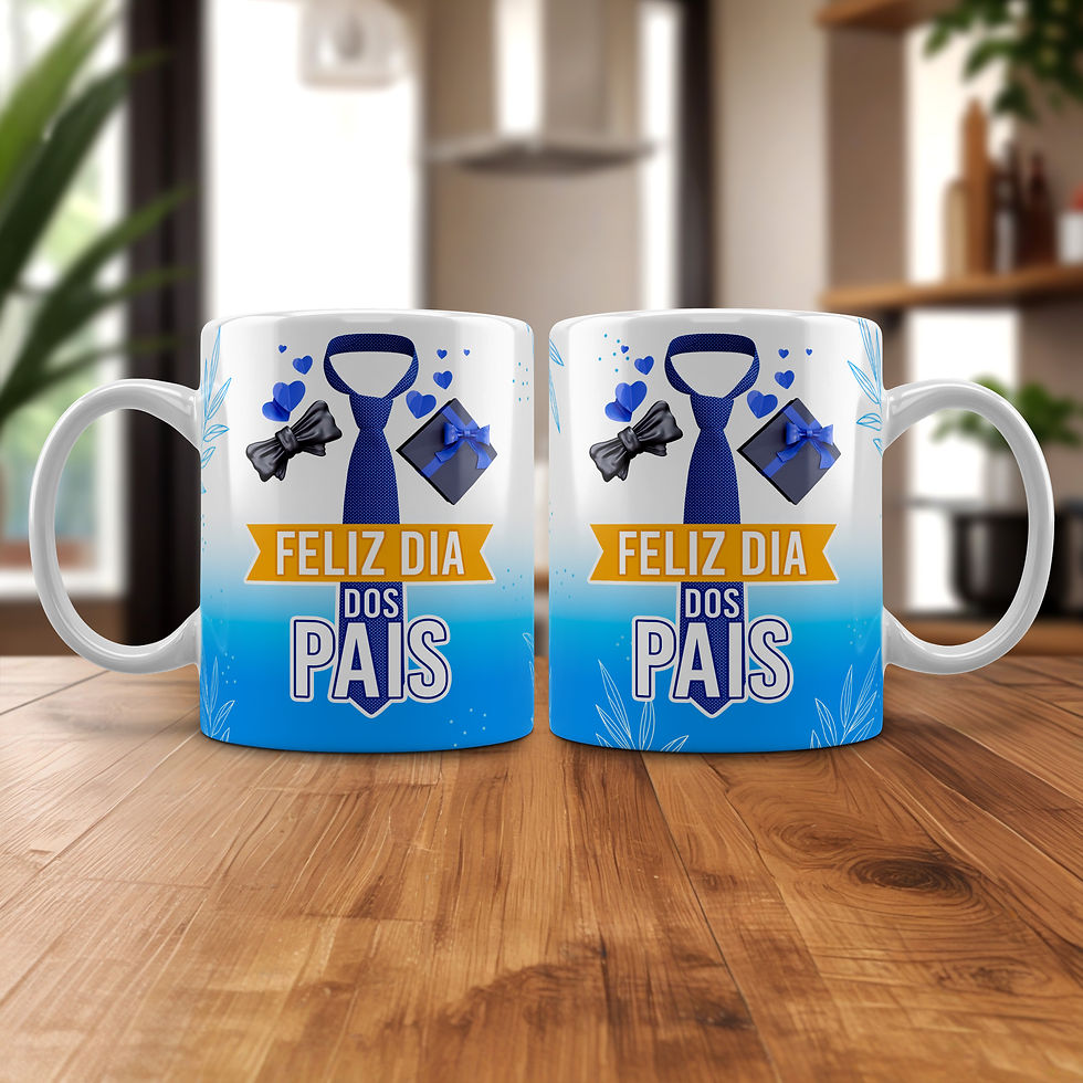 Miniatura: Arte para caneca do Dia dos Pais com fundo branco em degradê azul, decorado com folhas ilustradas em azul claro. À direita, a