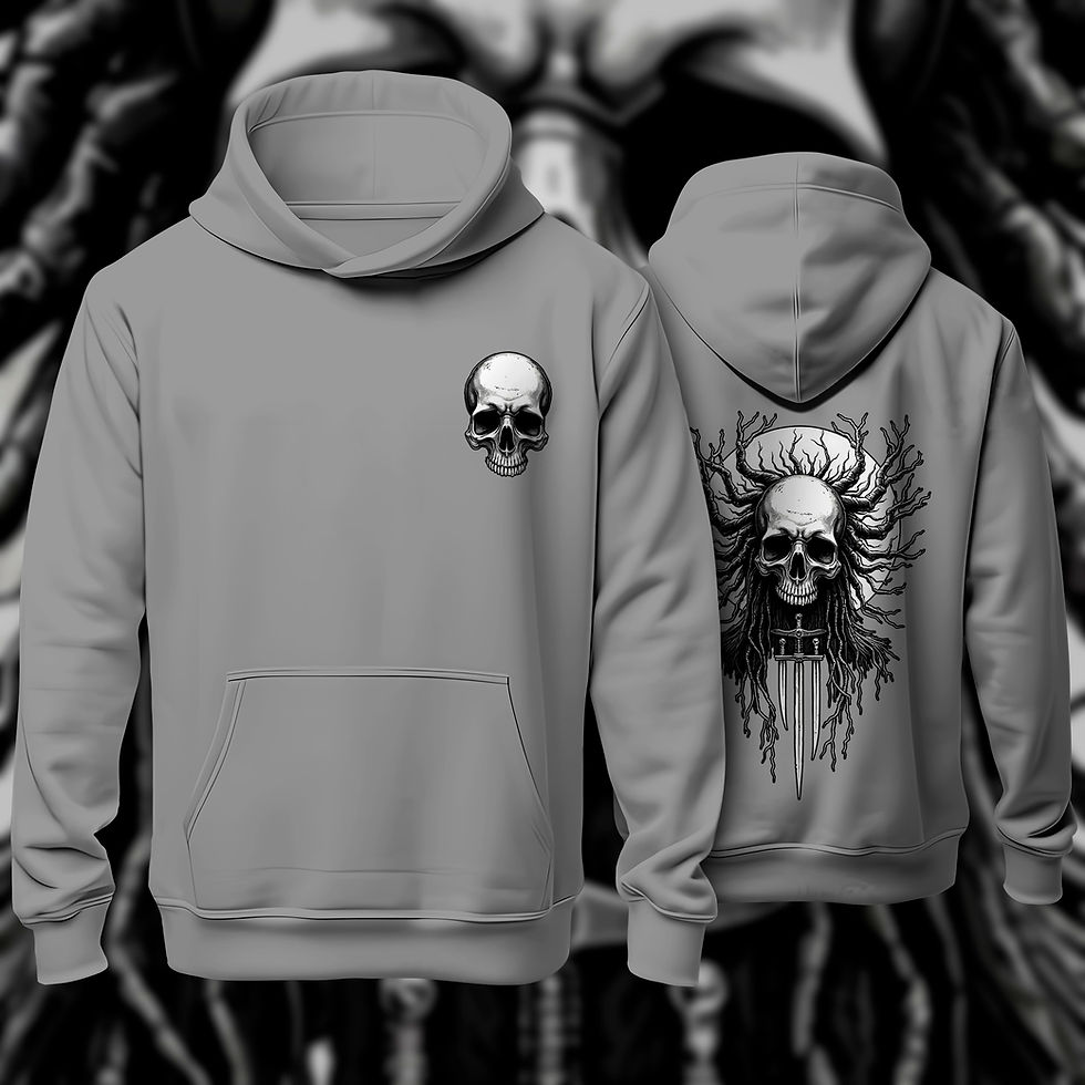 Moletom cinza com caveiras estampadas, frente e verso