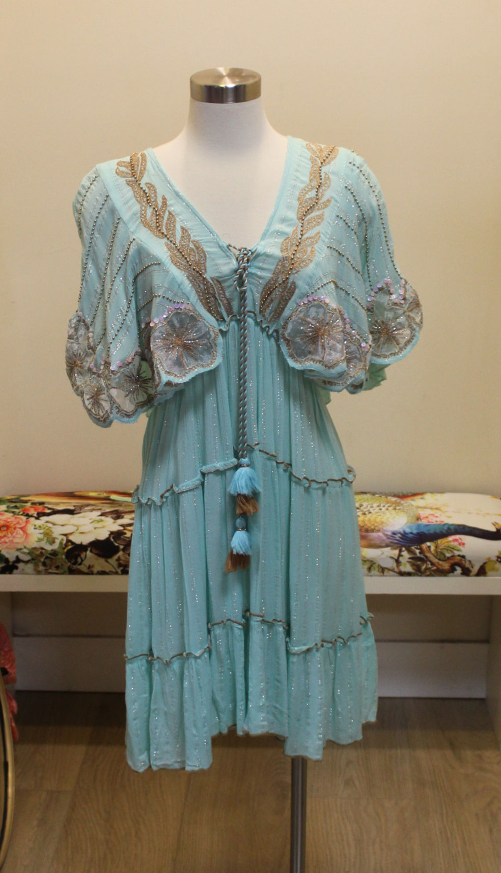 Western V Neck Flowly Teal Dress
